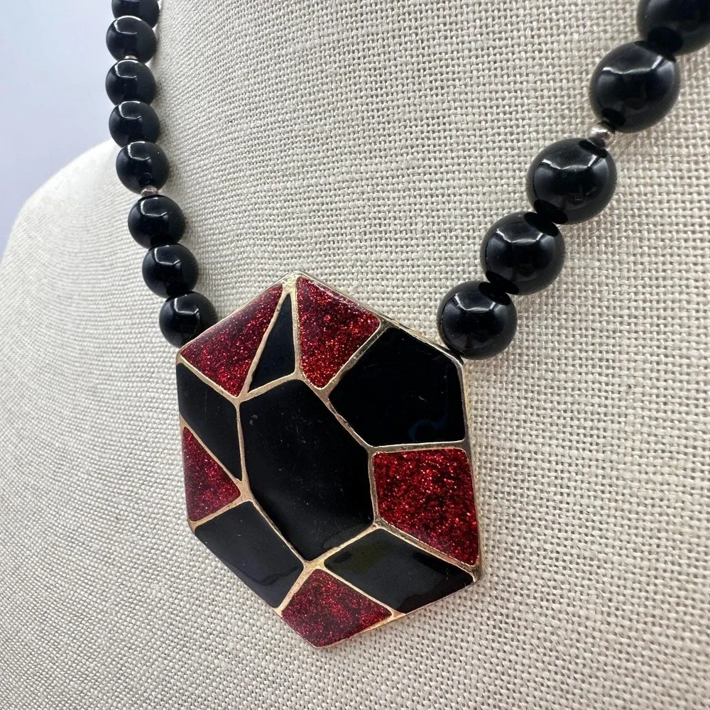 Vintage 80s‎ Hexagon Statement Necklace Black Red Glitter Enamel Fashion Jewelry